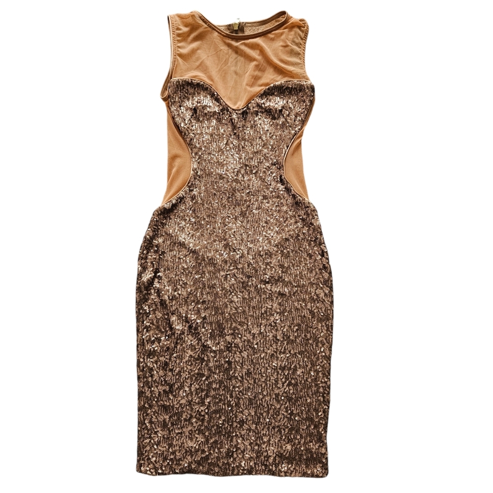 NWT Dress the Population Champagne Gold Glam Sequin Sexy Cut Out Mesh Bodycon XS - Picture 3 of 6
